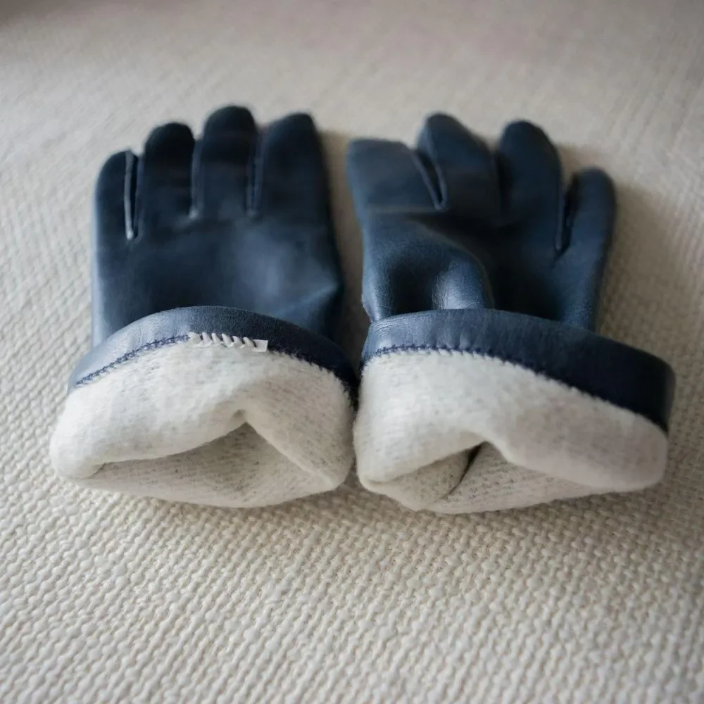 Vintage Navy Vinyl Leather Winter Retro Embossed Lined Women's Gloves